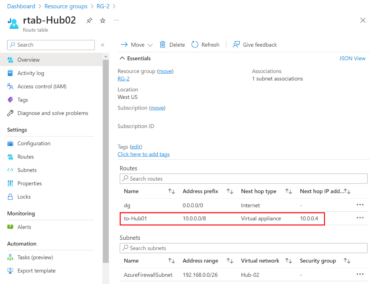 Screenshot showing the route table for Hub-02. 