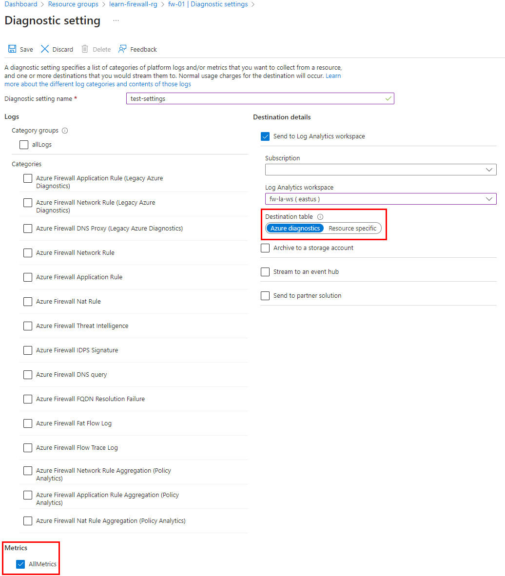 Screenshot of Azure Firewall diagnostic setting.