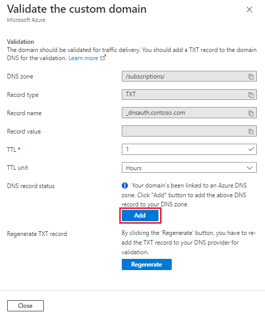 Screenshot that shows validating a new custom domain.