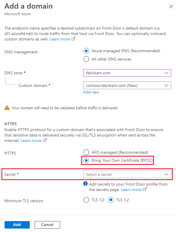 Screenshot that shows the Add a custom domain pane with HTTPS.