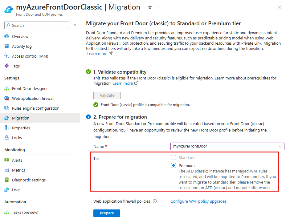 Screenshot of the selected tier for the new Front Door profile.