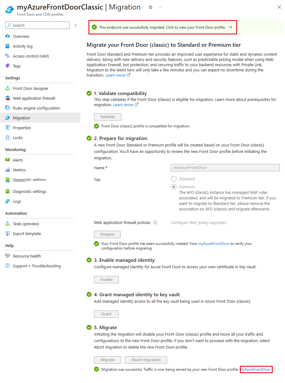 Screenshot of a successful Front Door migration.