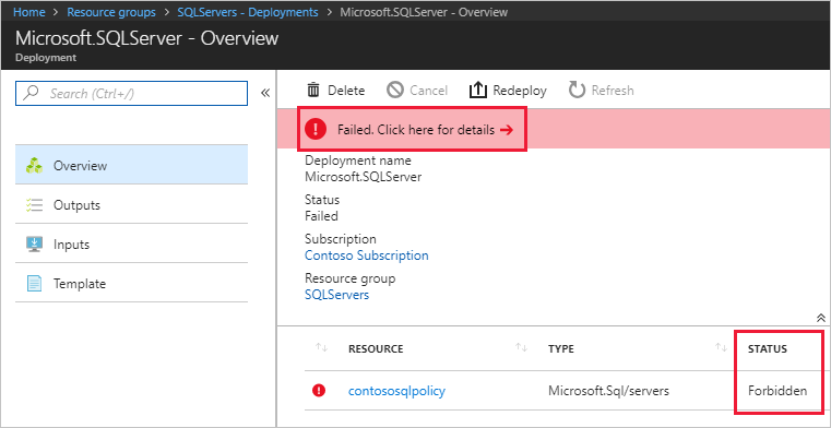 Screenshot of a failed deployment that was denied by a policy assignment.