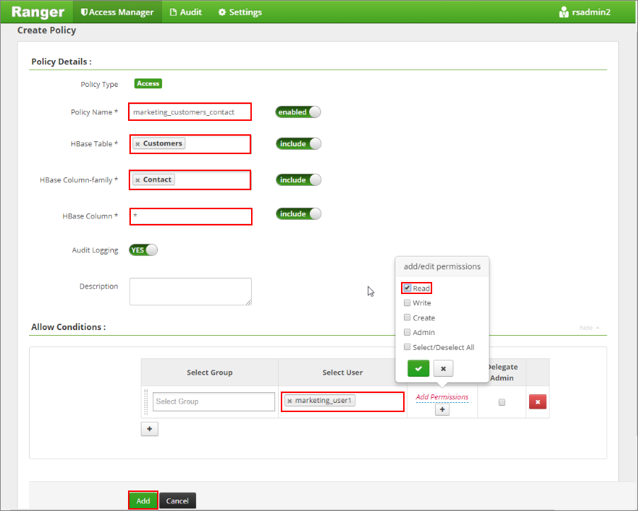 Screenshot that shows the Apache Ranger policy Create marketing.