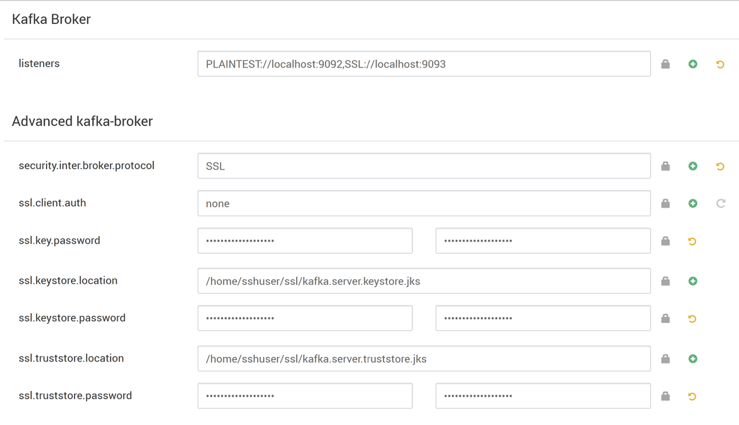 Screenshot showing how to edit kafka-env template property field in Ambari for encryption only.