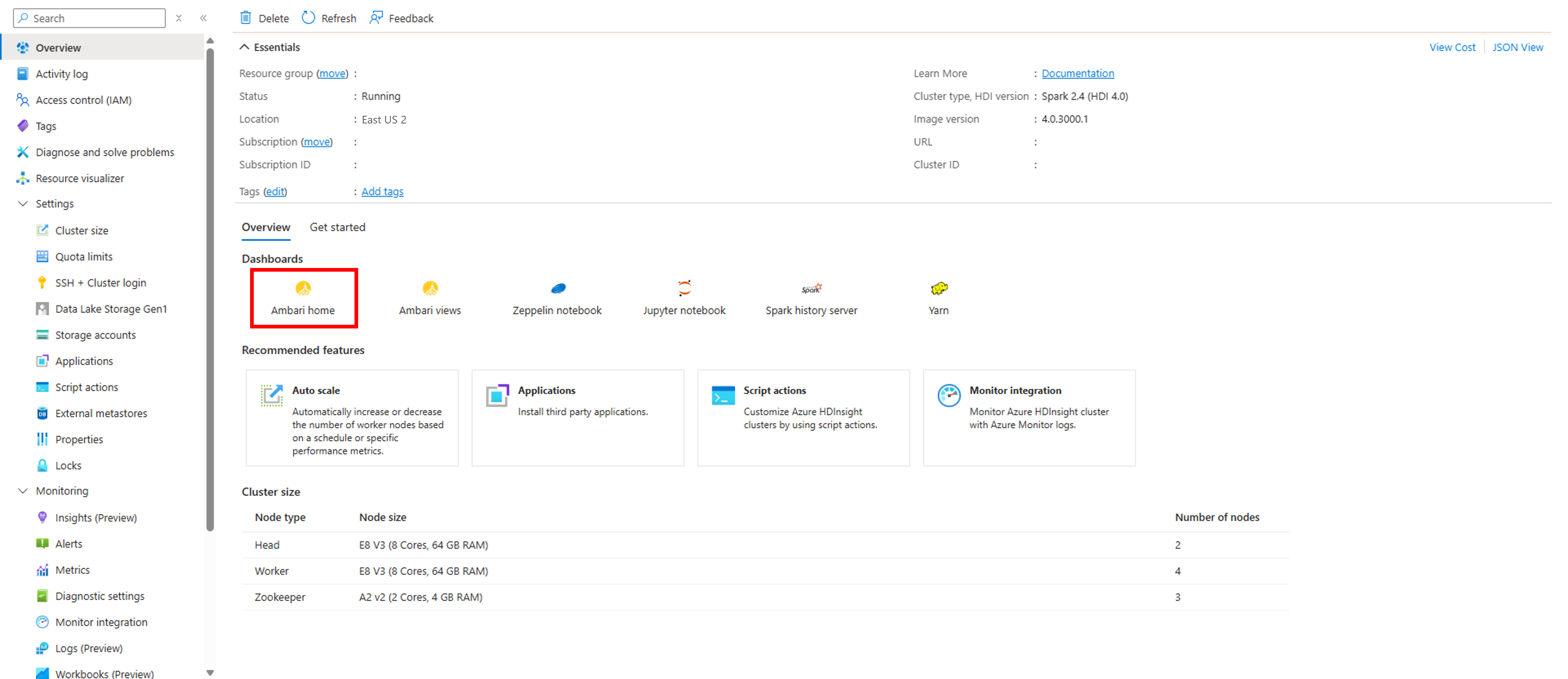 HDInsight resource portal view.