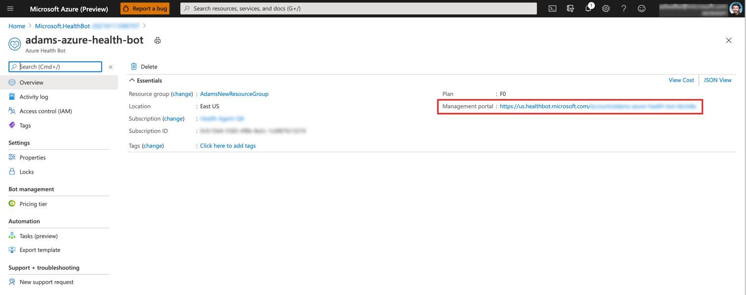 A screenshot of Azure AI Health Bot Overview in Azure