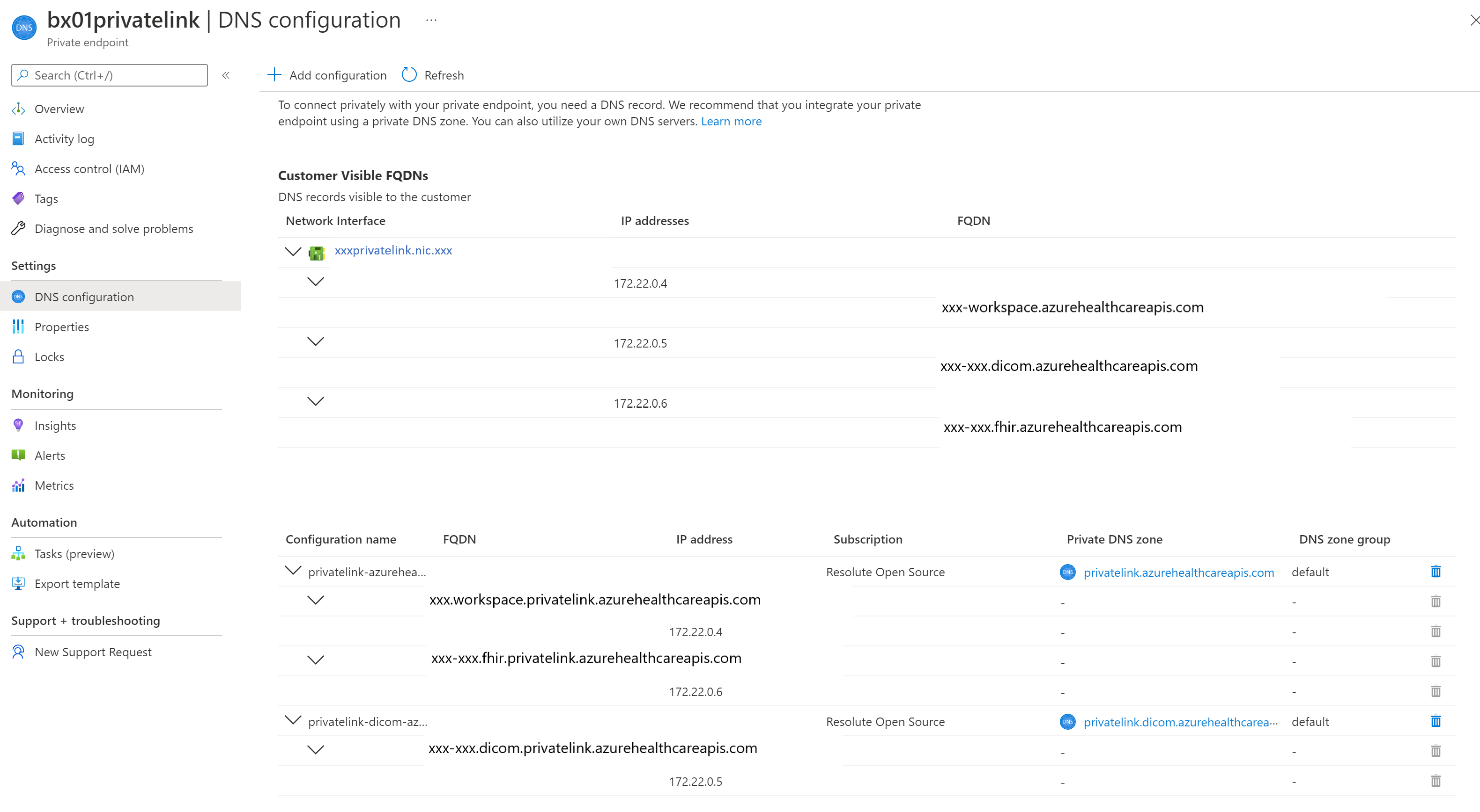 Screenshot showing image of the Azure portal DNS Configuration.