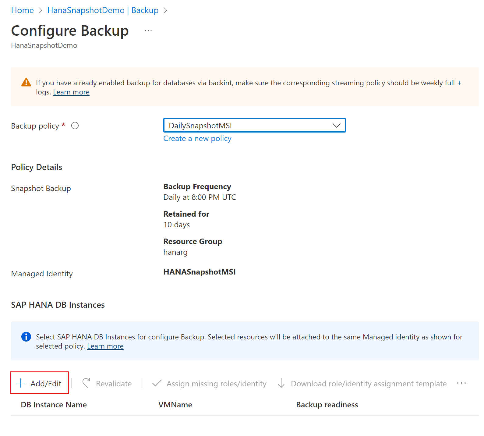 Screenshot that shows where to select and add a database instance policy.