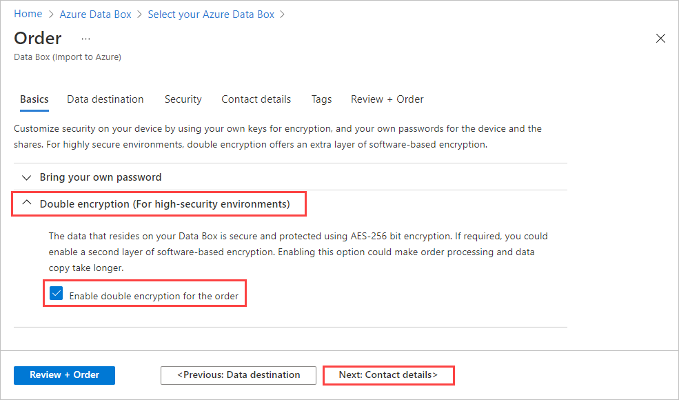 Screenshot of Double Encryption options on the Security tab for a Data Box order. The Enable Double Encryption For The Order option and the Next: Contact Details button are highlighted.