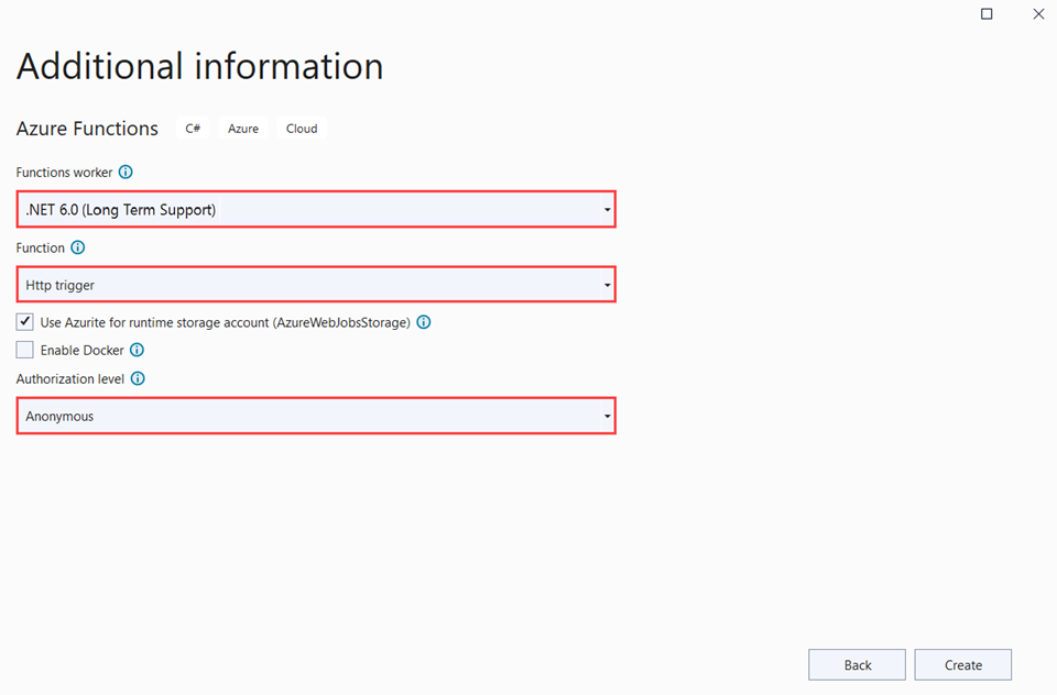 Screenshot of Azure Functions project settings