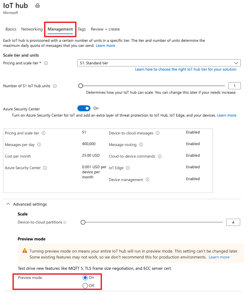 Image showing where to select the preview mode option when creating a new IoT hub