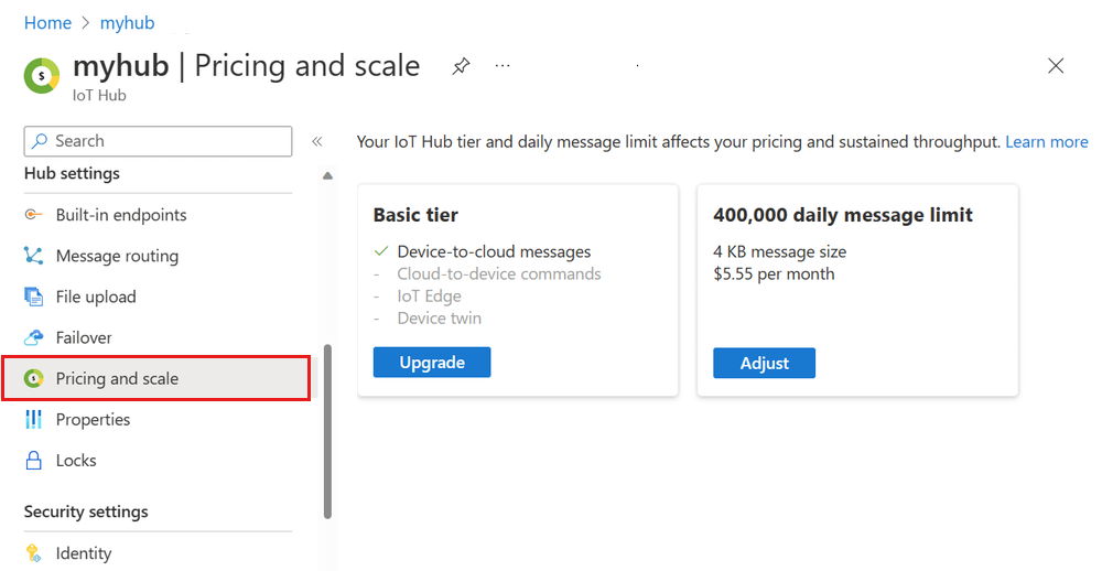 Screenshot that shows the pricing and scale page for an IoT hub.