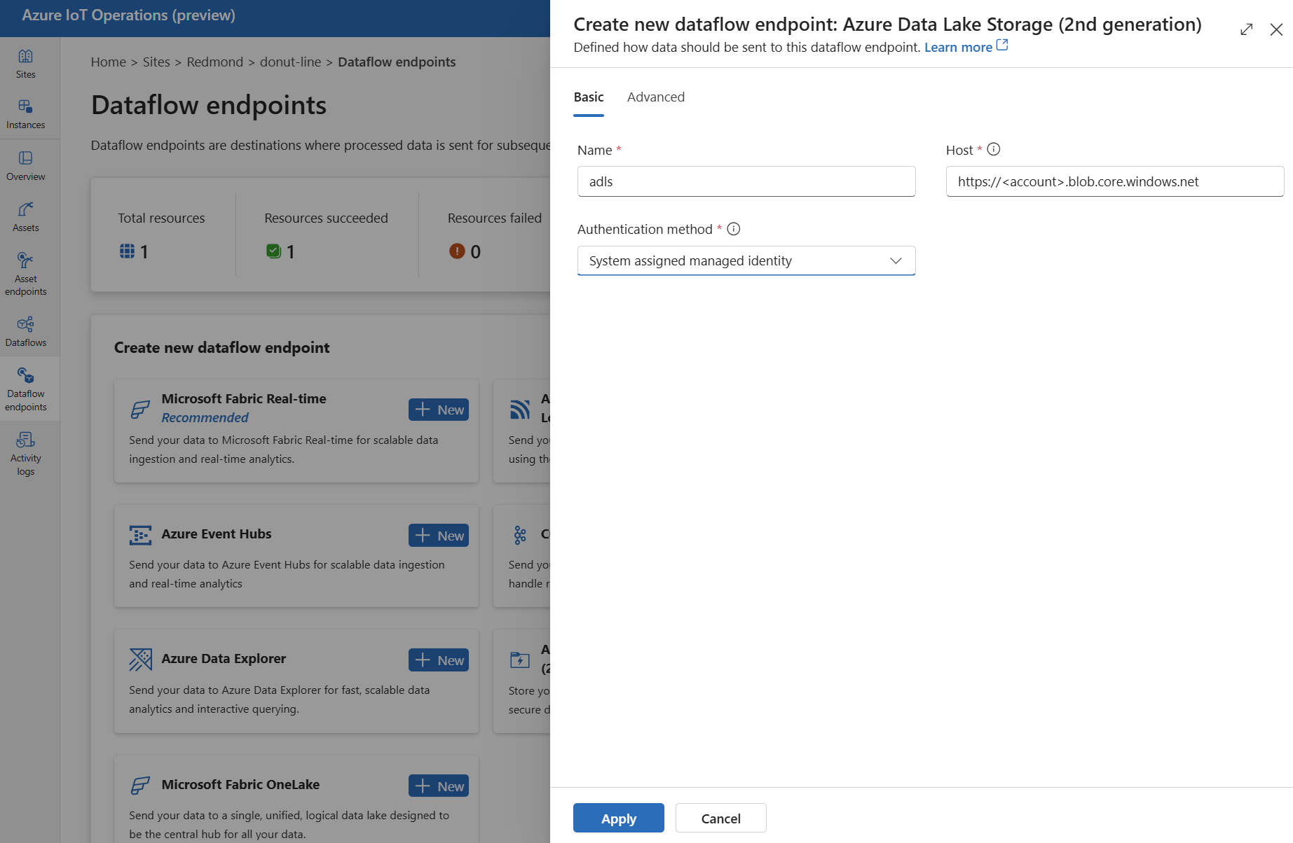 Screenshot using operations experience to create a new ADLS V2 dataflow endpoint.