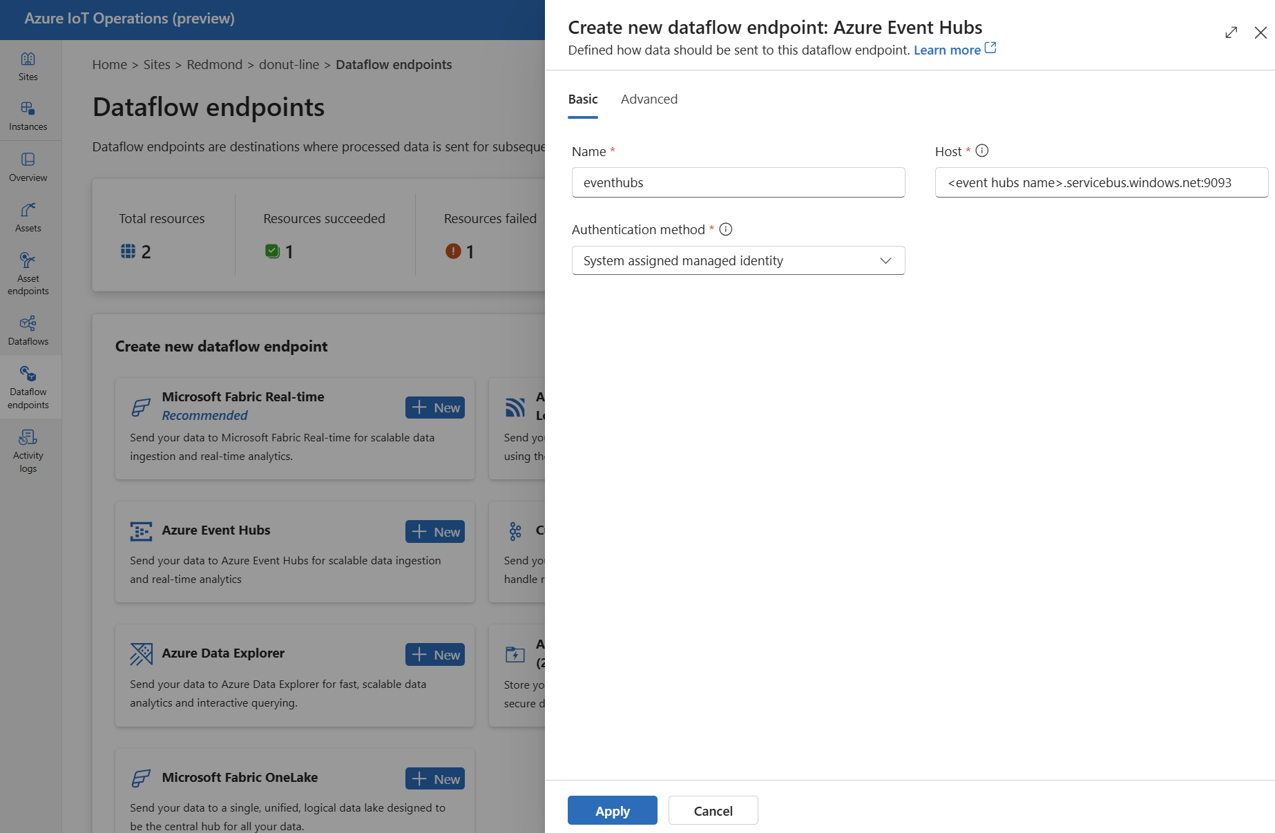 Screenshot using operations experience to create an Azure Event Hubs dataflow endpoint.