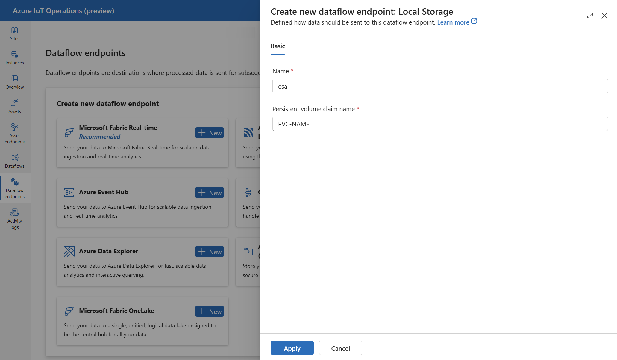 Screenshot using operations experience to create a Local Storage dataflow endpoint.