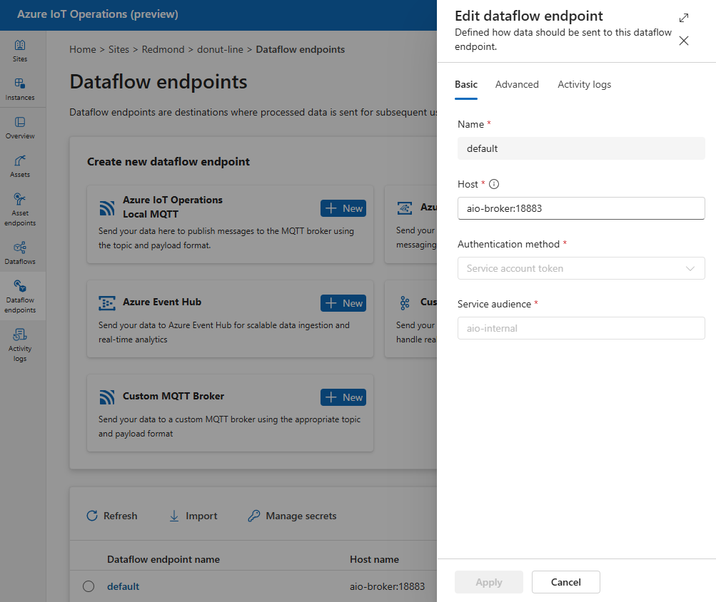 Screenshot using operations experience to view the default MQTT dataflow endpoint.