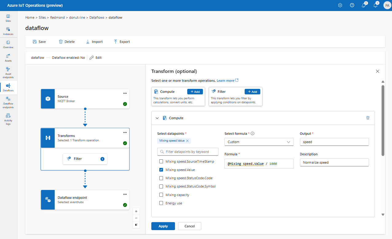 Screenshot using operations experience to add a compute transform.