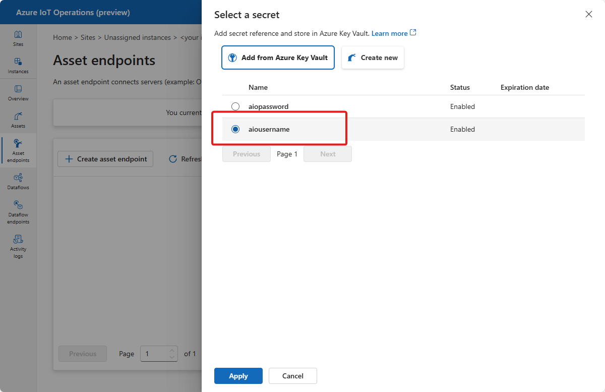 Screenshot that shows the username and password references from Azure Key Vault.