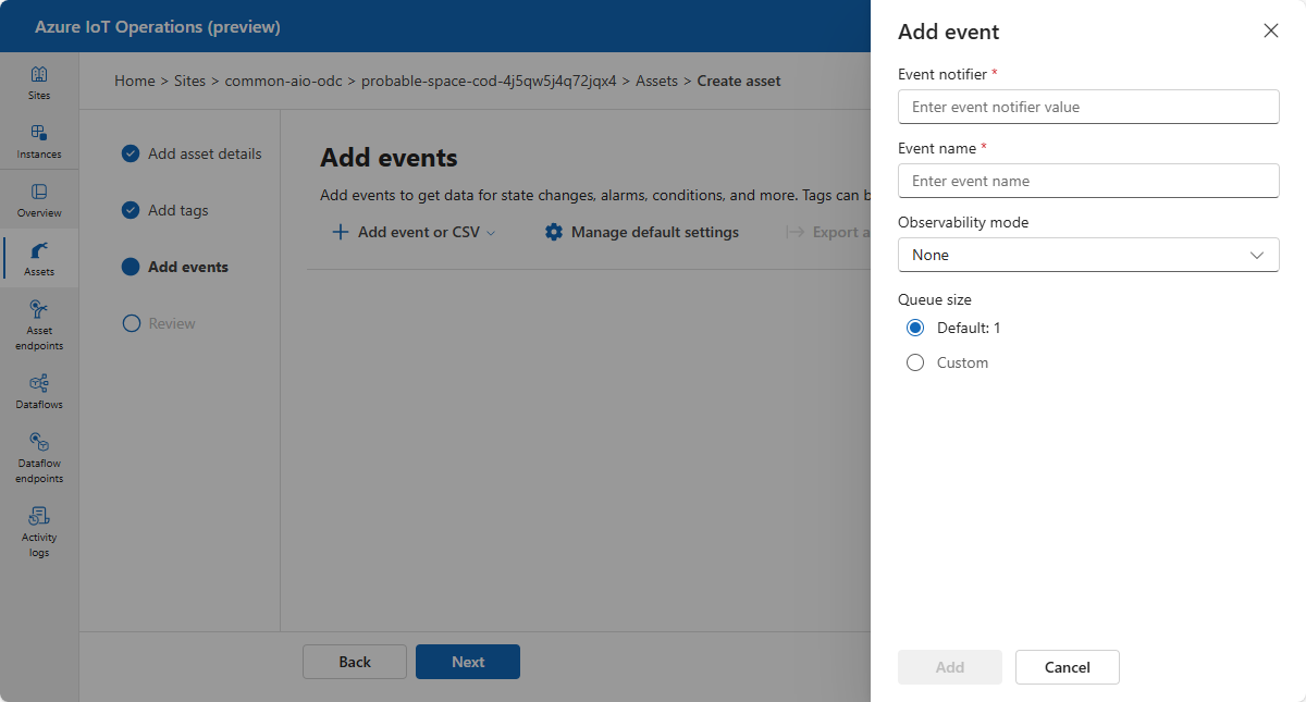 Screenshot that shows adding events in the operations experience.