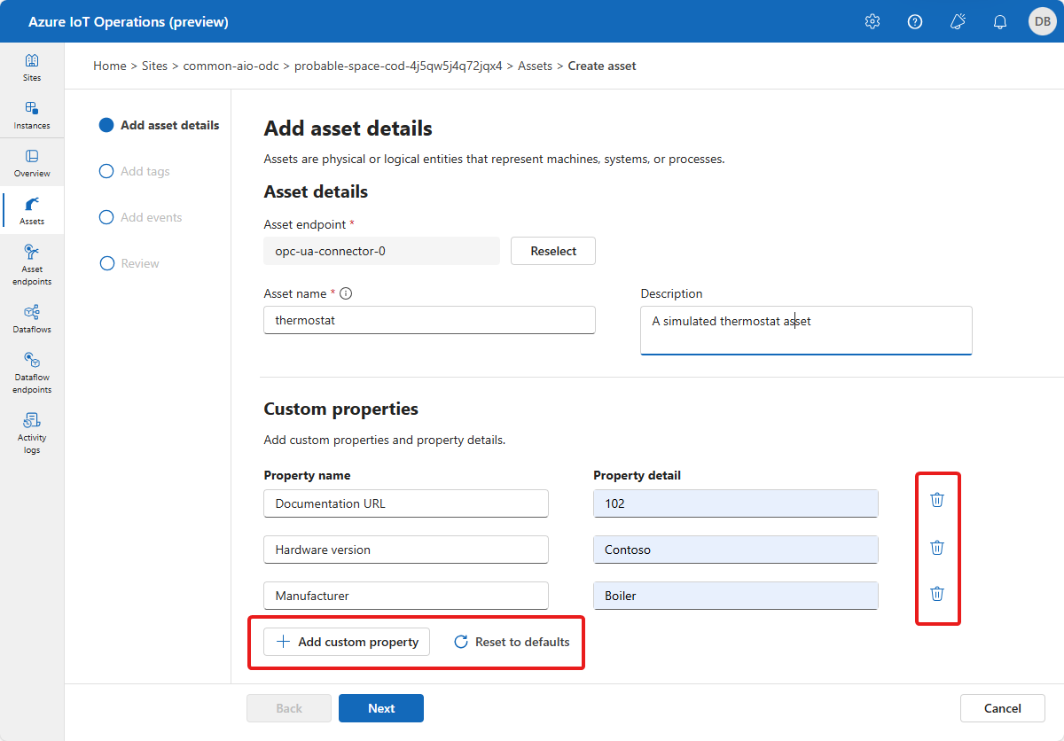 Screenshot that shows how to add asset details in the operations experience.