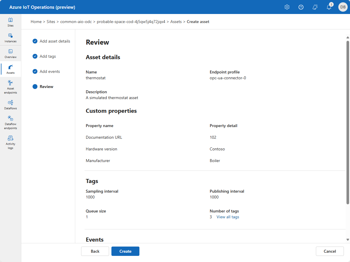 A screenshot that shows how to review your asset, tags, and events in the operations experience.