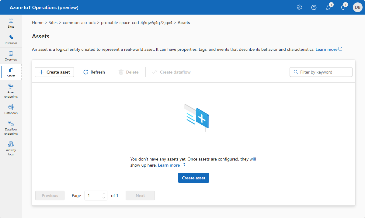 Screenshot of Azure IoT Operations empty asset list.