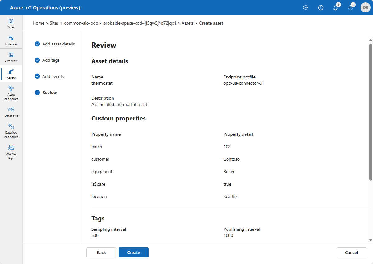 Screenshot of Azure IoT Operations create asset review page.