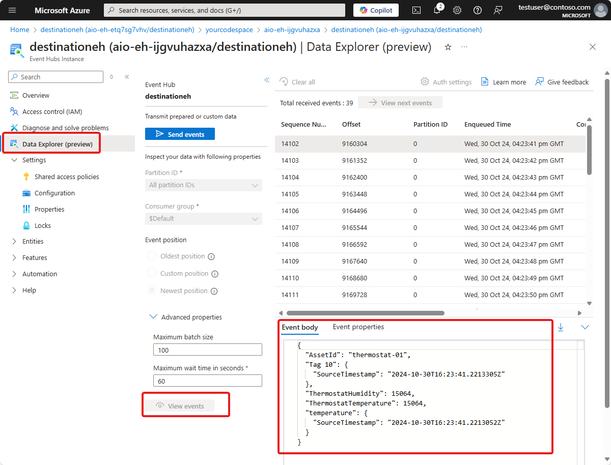 Screenshot of the Event Hubs instance **Data Explorer** page.