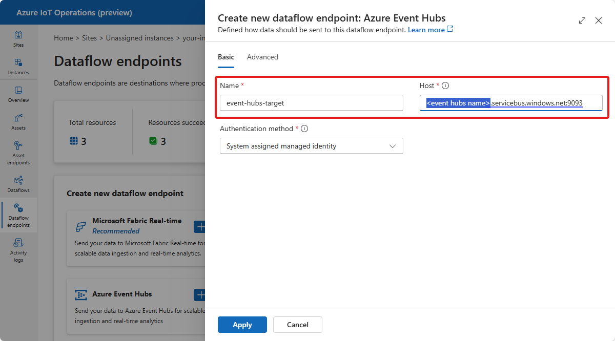 Screenshot of the Create new dataflow endpoint: Azure Event Hubs page.