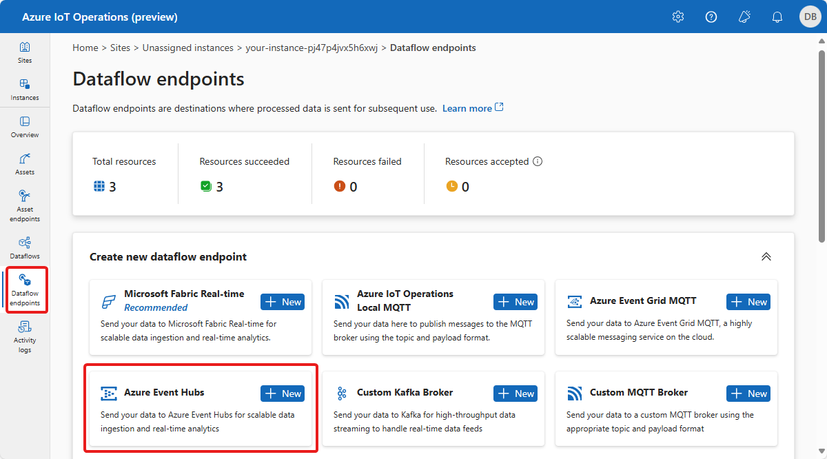 Screenshot of the Dataflow endpoints page.