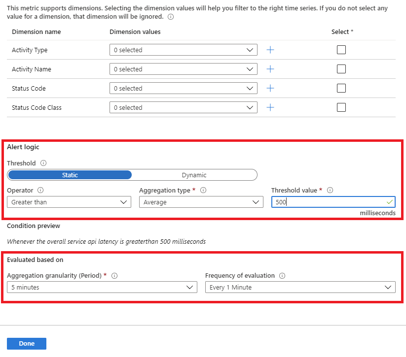 Screenshot that shows the configured logic for a static alert threshold.