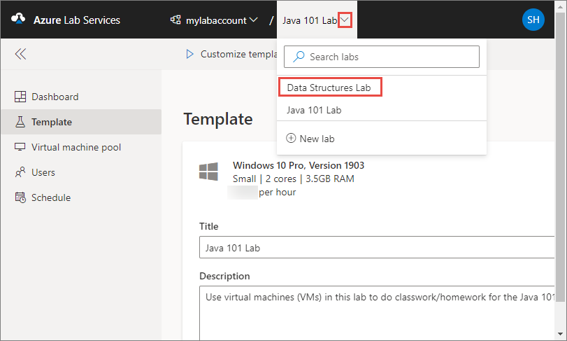 Screenshot that shows the Azure Lab Services website, highlighting the drop-down to switch to another lab.