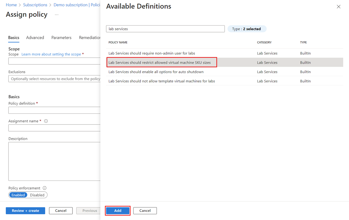 Screenshot showing the Available definitions pane with Lab Services should restrict allowed virtual machine SKU sizes highlighted. 