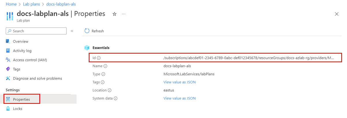 Screenshot showing the lab plan properties with Id highlighted.