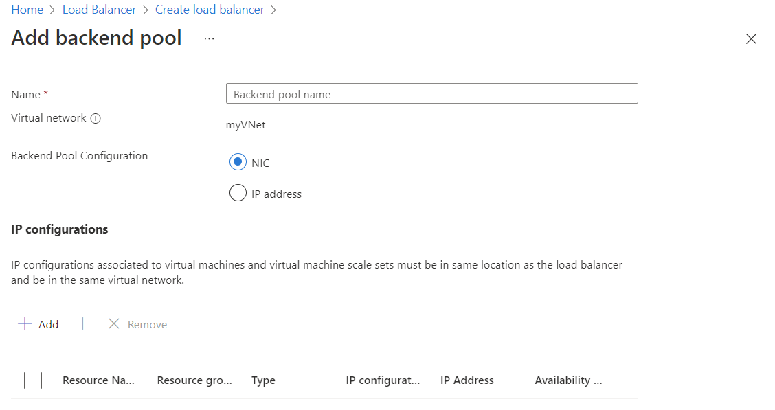 Screenshot of Add backend pool page with NIC selected as configuration type.