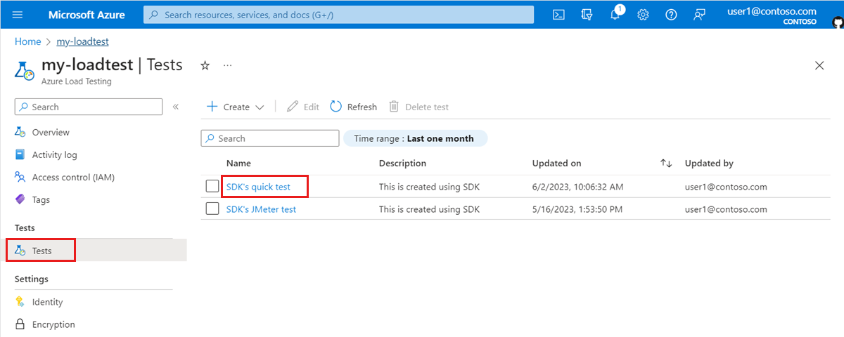 Screenshot that shows the list of tests for an Azure Load Testing resource.