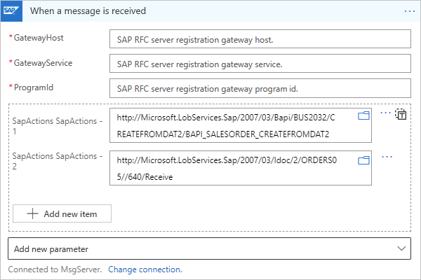 Screenshot shows example trigger that receives multiple messages in a Consumption workflow.