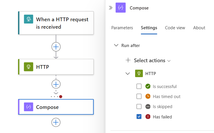 Screenshot shows current action with run after behavior set to Has failed.