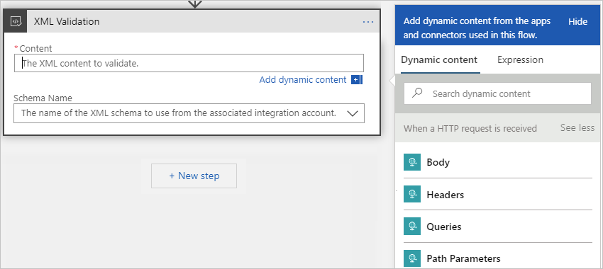 Screenshot showing multi-tenant designer with opened dynamic content list, cursor in "Content" box, and opened dynamic content list.