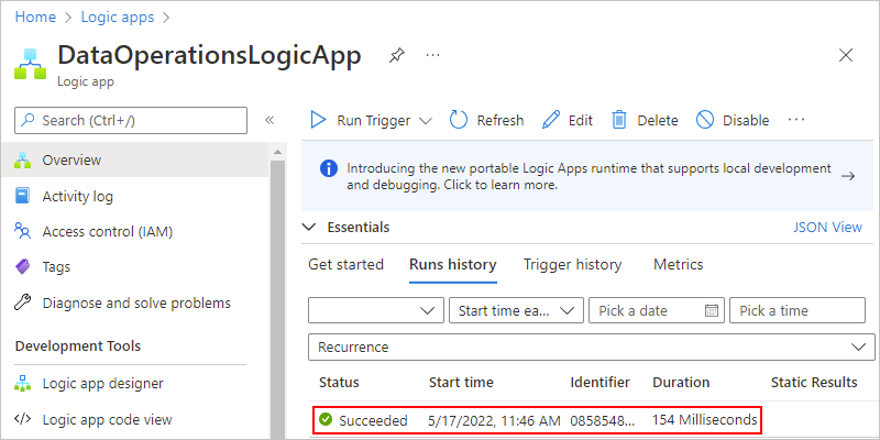 Screenshot shows Consumption workflow run selected.