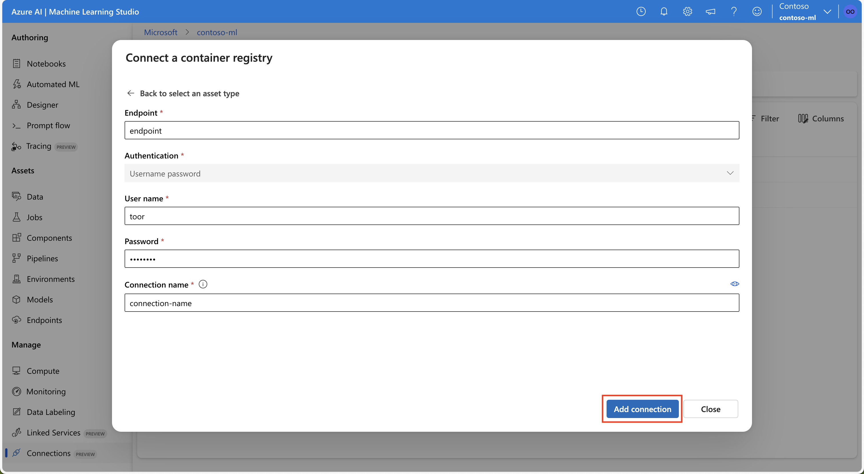 Screenshot showing the input fields for connecting to a generic container registry in Azure Machine Learning studio UI.