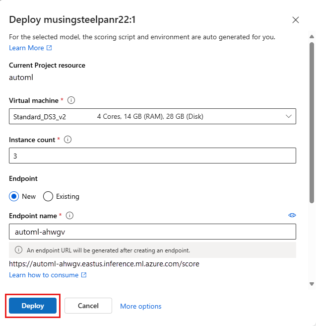 Screenshot showing the deployment page where you can change values and then select Deploy.