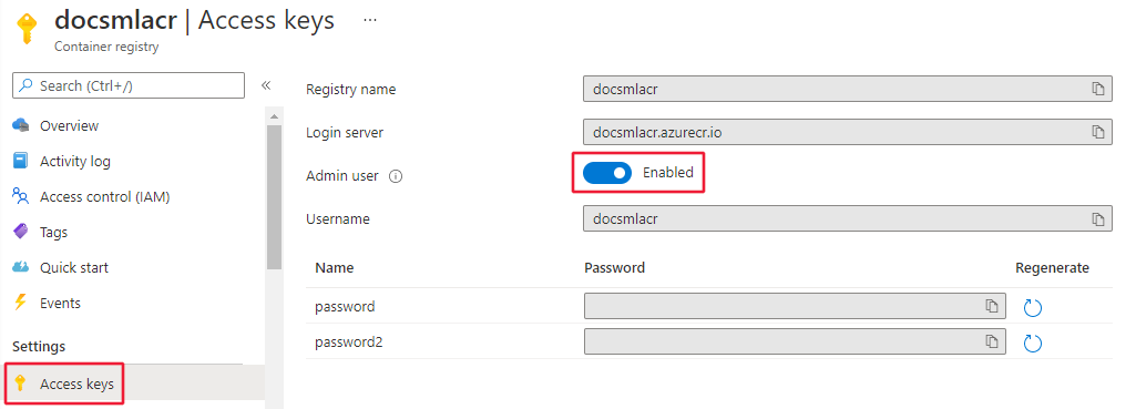 Screenshot of the container registry access keys form, with the 'admin user' option enabled.