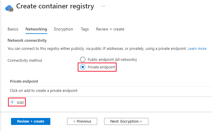 Screenshot of the networking form when adding a container registry private endpoint.