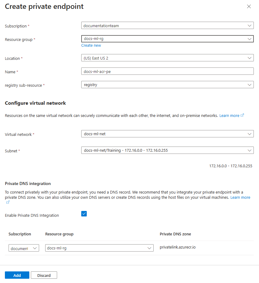 Screenshot of the configuration form for the container registry private endpoint.