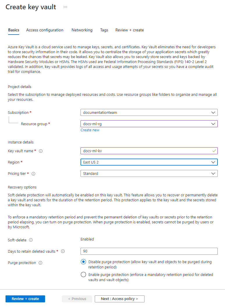 Screenshot of the basics form when creating a new key vault.