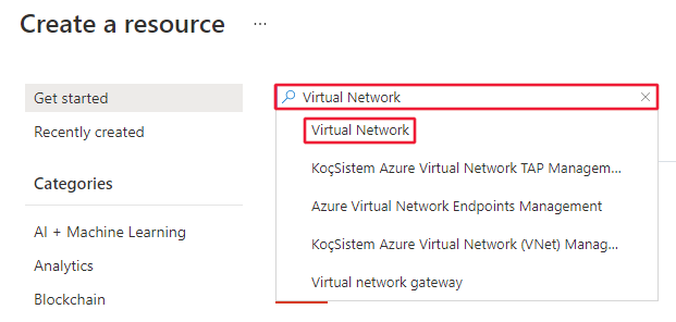 Screenshot of the resource search form with virtual network selected.