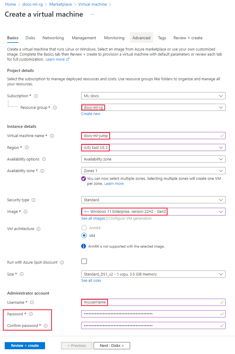 Screenshot of the virtual machine basics configuration.