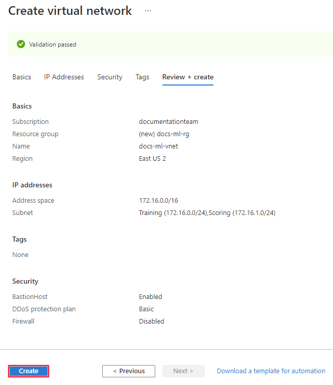 Screenshot of the virtual network review + create page.